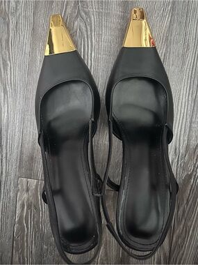 Source Unknown Black Slingback Mules with Gold Cap Toe